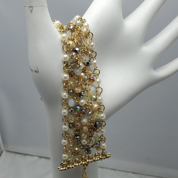 Ali Khan beaded bracelet with gold links. color pearl-opal-hematite-champagne - Picture 1 of 4